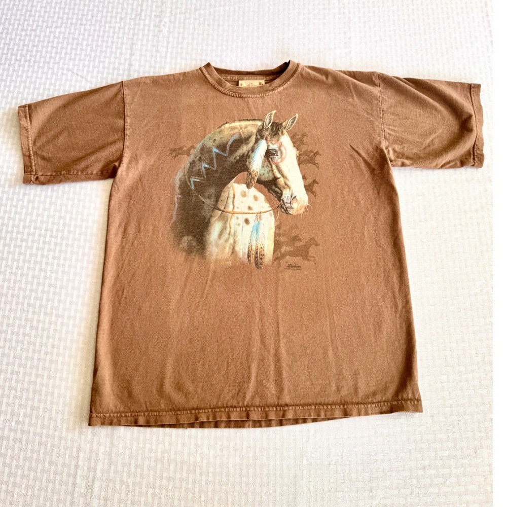 Vintage The Mountain Horse Graphic Shirt Brown XL Painted Native American Style